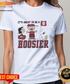 Alt Text: Official Peanuts X Indiana It's Great To Be A Hoosier ladies tee featuring fun graphics and vibrant colors.