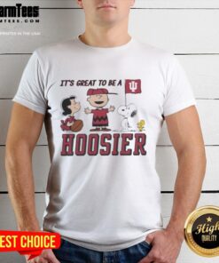 Alt Text: Official Peanuts X Indiana 'It's Great To Be A Hoosier' T-Shirt featuring classic Peanuts characters in vibrant colors.