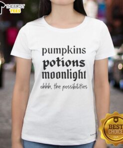 Official Pumpkins Potions Moonlight Ohhh The Possibilities Ladies Tee featuring a whimsical Halloween design.