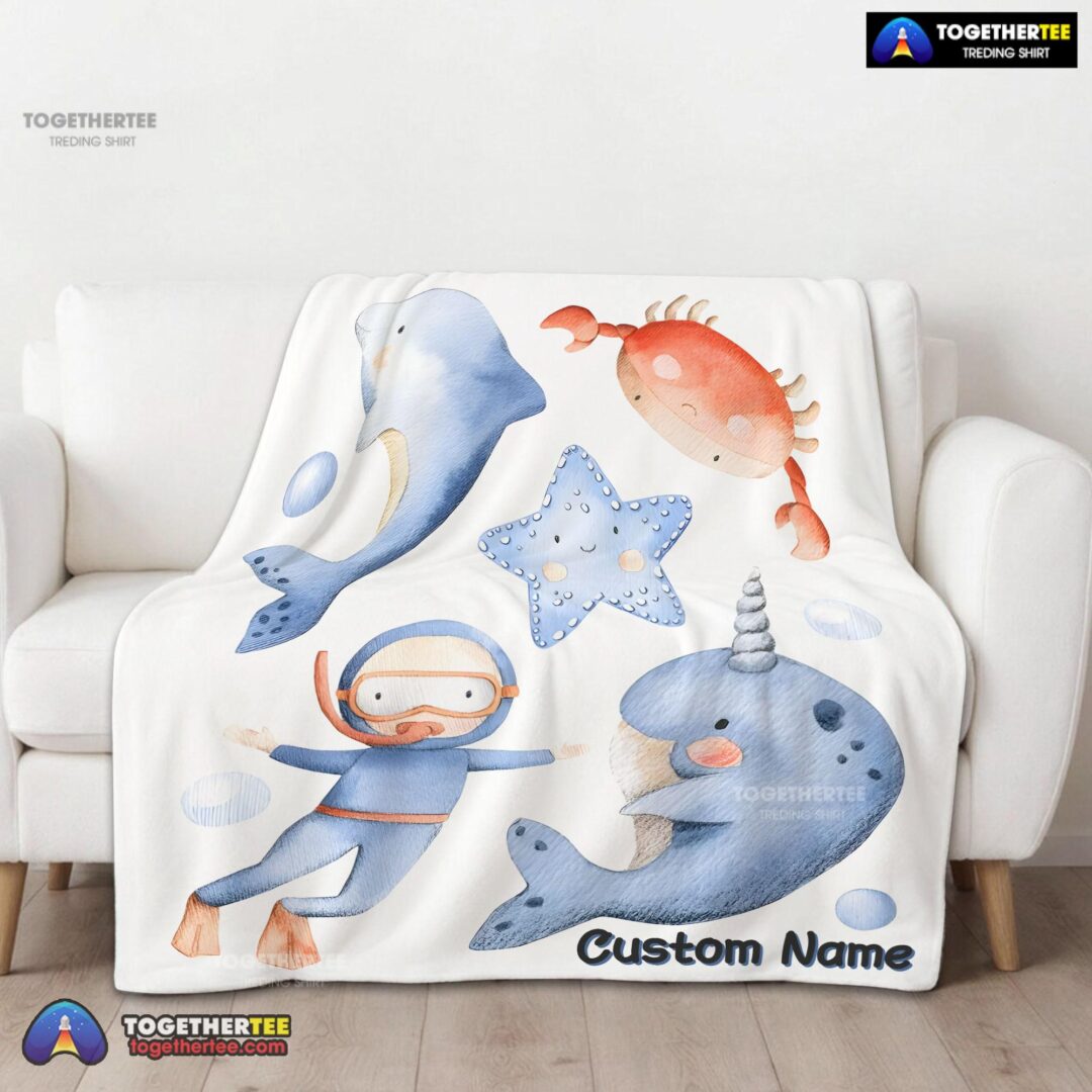 Official Sea's Treasures Narwhal Dolphin Crab Starfish Scuba Divers Blanket Fleece Customized Blanket-mk-01