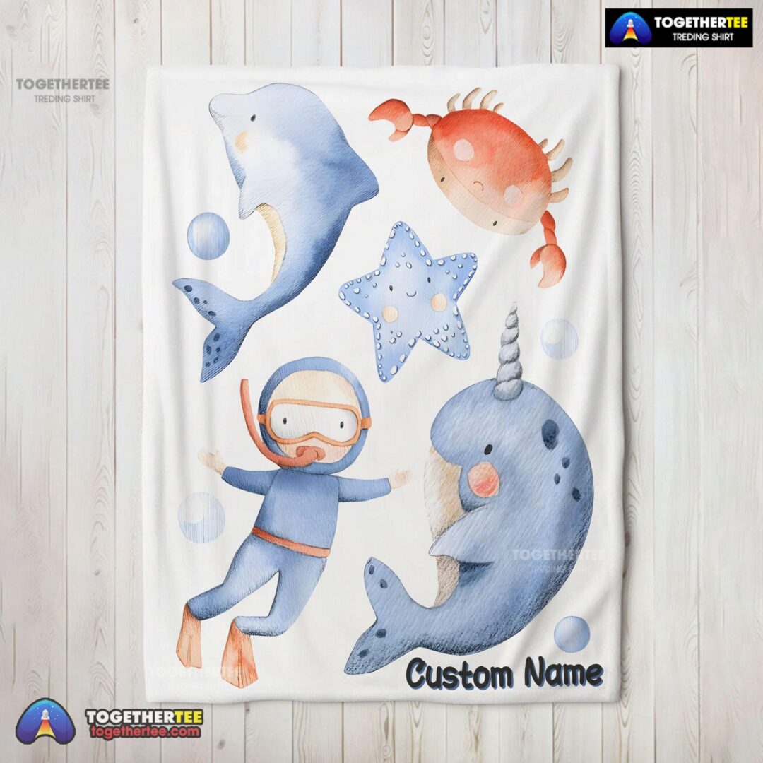 Official Sea's Treasures Narwhal Dolphin Crab Starfish Scuba Divers Blanket Fleece Customized Blanket-mk-02