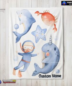 Official Sea’s Treasures Narwhal Dolphin Crab Starfish Scuba Divers Blanket Fleece Customized Blanket