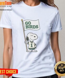 Official Snoopy X Philadelphia Eagles Football Go Birds retro ladies tee featuring Snoopy in Eagles gear.