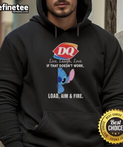 Official Stitch x Dairy Queen hoodie featuring 'Live Laugh Love' and 'Load Aim and Fire' designs in vibrant colors.