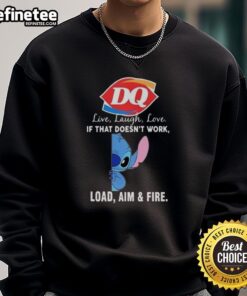 Official Stitch X Dairy Queen sweatshirt featuring 'Live Laugh Love' and 'Load Aim and Fire' designs, perfect for fans.