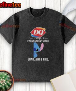 Official Stitch X Dairy Queen Live Laugh Love T-Shirt with Load Aim and Fire slogan, perfect for casual wear.