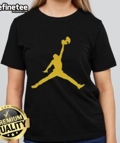 Alt Text: Official Golden Wu-Tang Clan Forever Jumpman logo parody ladies tee featuring unique design and vibrant colors.