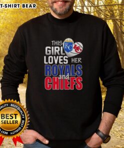 Official This Girl Loves Her Missouri Sports sweatshirt featuring Royals and Chiefs logos in vibrant colors.