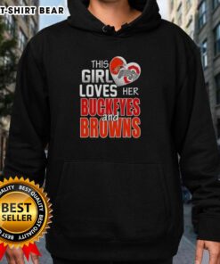 Alt Text: Woman wearing an Official This Girl Loves Her Ohio Sports hoodie featuring Buckeyes and Browns logos.