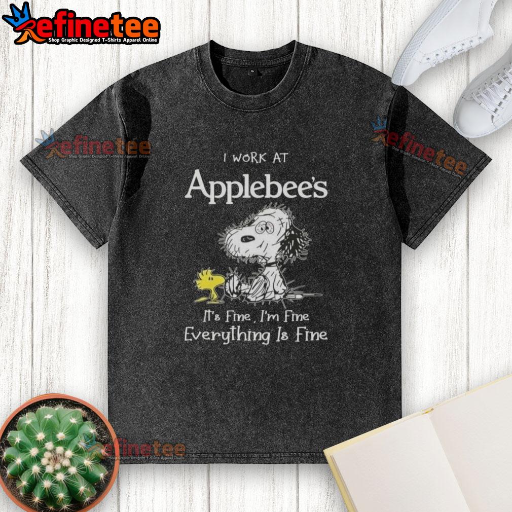 official-tired-snoopy-and-woodstock-i-work-at-applebees-its-fine-im-fine-everything-is-fine-washed-t-shirt Alt Text: Snoopy and Woodstock graphic on a washed t-shirt with I Work At Applebee's, It's Fine, I'm Fine, Everything is Fine text.