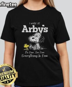 Official Tired Snoopy and Woodstock shirt with 'I Work at Arby's, It's Fine, I'm Fine' slogan for ladies.