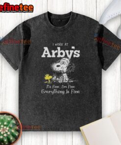 Alt Text: Tired Snoopy and Woodstock on a washed t-shirt, featuring I work at Arby's, it's fine, I'm fine, everything is fine.