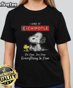 Official Tired Snoopy and Woodstock I Work at Chipotle Mexican Grill Ladies Tee showcasing fun cartoon design.