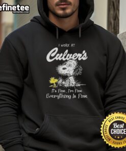 Alt Text: Official Tired Snoopy and Woodstock hoodie featuring 'I work at Culver's, it's fine, I'm fine, everything is fine' design.