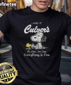 Official Tired Snoopy and Woodstock I Work At Culver's T-Shirt - It's Fine, I'm Fine, Everything is Fine design.