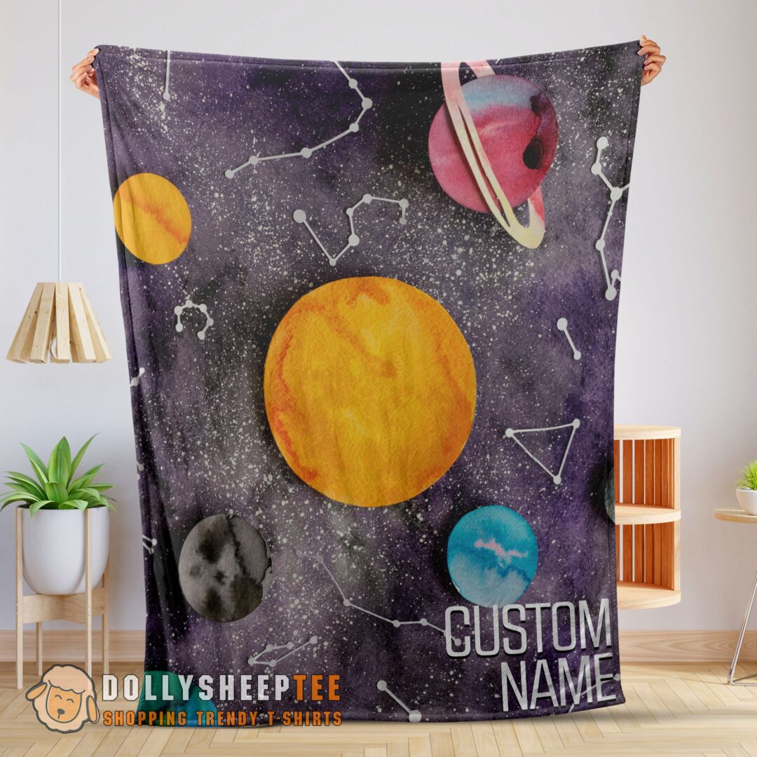 Official Top Outer Space Galaxy Watercolor Planets & Stars Blanket Fleece Customized Blanket-mk-01 (1)