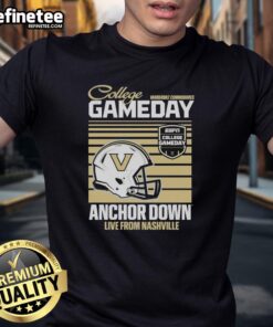 Vanderbilt Commodores 2025 College Gameday Anchor Down T-Shirt featuring a helmet design, live from Nashville.