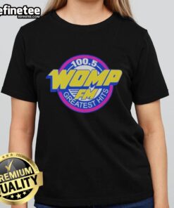 Alt Text: Official Womp FM Greatest Hits Ladies Tee featuring a stylish design perfect for music lovers and fans.
