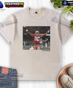 Original Jerry Rice San Francisco 49ers NFL Pay Homage washed t-shirt displayed on a hanger against a neutral background.