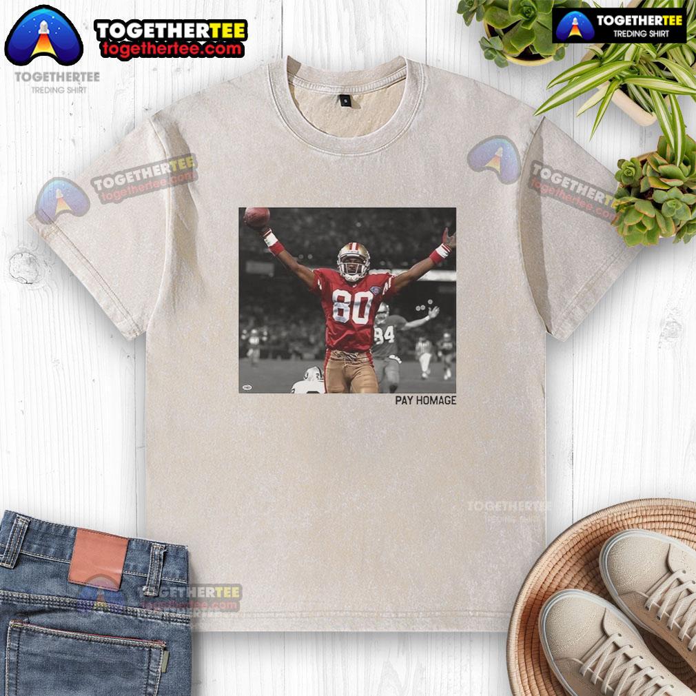 Original Jerry Rice San Francisco 49Ers Nfl Pay Homage Washed T Shirt Original Jerry Rice San Francisco 49ers NFL Pay Homage washed t-shirt displayed on a hanger against a neutral background.