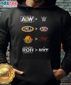 Original More Comparative AEW WWE CMLL AAA NJPW TNA ROH NXT 2025 Hoodie showcasing top wrestling promotions in vibrant design.