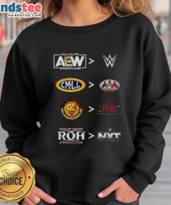 Original More Comparative AEW WWE CMLL AAA NJPW TNA ROH NXT 2025 sweatshirt featuring wrestling logos and vibrant colors.
