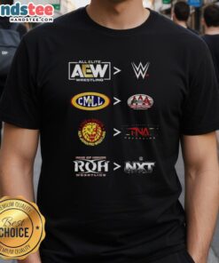 Original AEW WWE CMLL AAA NJPW TNA ROH NXT 2025 T-shirt featuring vibrant designs and logos of popular wrestling promotions.