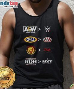 Original More Comparative Tank Top featuring AEW, WWE, CMLL, AAA, NJPW, TNA, ROH, and NXT logos for 2025.