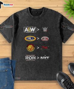Original More Comparative AEW WWE CMLL AAA NJPW TNA ROH NXT 2025 washed t-shirt featuring iconic wrestling logos.