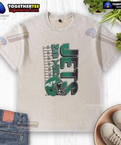 Alt Text: Vintage washed t-shirt featuring the Original New York Jets NFL 2025 yardage helmet design, perfect for fans.