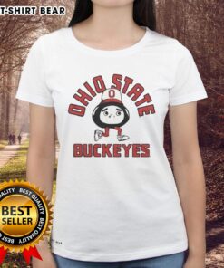 Original Ohio State Buckeyes Brutus mascot ladies tee featuring the iconic Buckeye logo in vibrant colors.