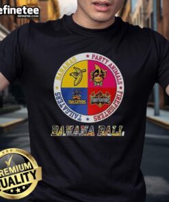 Alt Text: Savannah Bananas Party Animal Firefighters Tailgater logo t-shirt featuring vibrant colors and a fun design for fans.