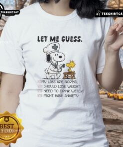Original Snoopy X Woodstock Nurse Let Me Guess Ladies Tee featuring playful cartoon characters in vibrant colors.