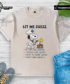 Original Snoopy X Woodstock Nurse Let Me Guess Washed T-Shirt featuring iconic characters in a playful design.