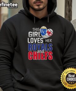 Alt Text: Girl wearing a Missouri sports hoodie featuring Royals and Chiefs logos, showcasing team pride and style.