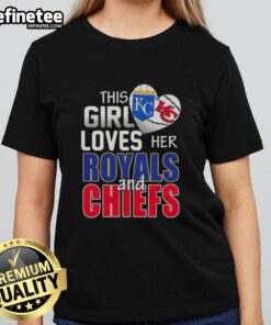 This girl loves her Missouri sports, wearing a Royals and Chiefs ladies tee, showcasing team pride and style.
