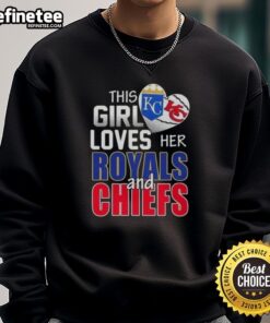 Alt Text: Girl wearing a This Girl Loves Her Missouri Sports sweatshirt featuring Royals and Chiefs logos, showcasing team pride.