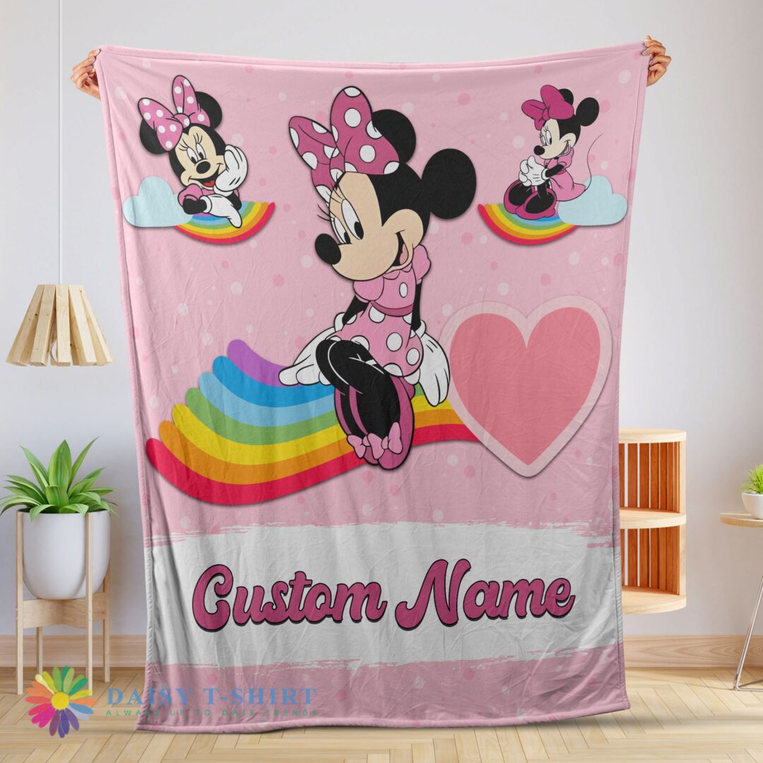 Perfect Disney Cartoon Minnie With Rainbow Blanket Fleece Customized Blanket