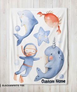 Perfect Pretty Sea’s Treasures Narwhal Dolphin Crab Starfish Scuba Divers Blanket Fleece Customized Blanket