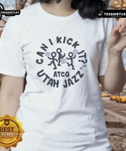 Alt Text: Premium A Tribe Called Quest x Utah Jazz Can I Kick It Ladies Tee featuring vibrant graphics and stylish design.