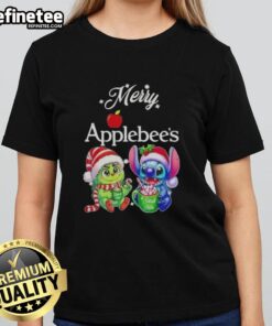 Premium Baby Grinch and Stitch x Applebee's Merry Christmas ladies tee featuring festive designs for holiday cheer.