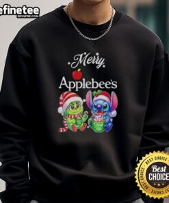 Premium Baby Grinch and Stitch X Applebee's Merry Christmas sweatshirt featuring festive designs for the holiday season.