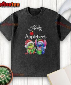 Alt Text: Premium Baby Grinch and Stitch X Applebee's Merry Christmas washed t-shirt featuring festive graphics for holiday cheer.