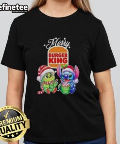 Premium Baby Grinch and Stitch X Burger King Merry Christmas ladies tee featuring festive designs for holiday cheer.