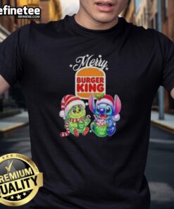 Alt Text: Premium Baby Grinch and Stitch X Burger King Merry Christmas T-Shirt design featuring festive graphics and vibrant colors.
