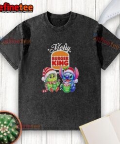 Premium Baby Grinch and Stitch X Burger King Merry Christmas washed t-shirt featuring vibrant holiday designs.