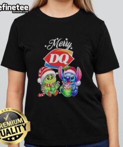 Premium Baby Grinch and Stitch X Dairy Queen Merry Christmas ladies tee featuring festive designs and vibrant colors.
