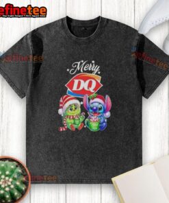 Alt Text: Premium Baby Grinch and Stitch X Dairy Queen Merry Christmas washed t-shirt featuring festive graphics and vibrant colors.