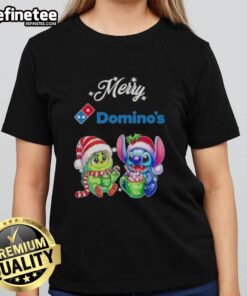 Premium Baby Grinch and Stitch X Dominos Merry Christmas Ladies Tee featuring festive designs and vibrant colors.