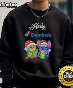 Premium Baby Grinch and Stitch X Dominos Merry Christmas Sweatshirt featuring festive designs for holiday cheer.